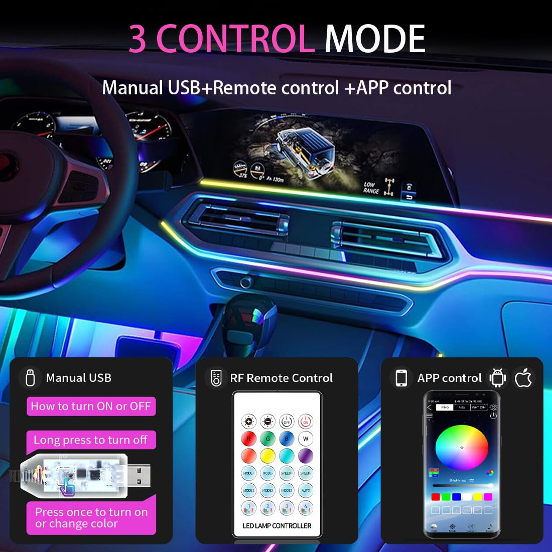 Acrylic Ambient Lighting Car Kit 2 in 1,16 Million Colors,213 Modes LED Strip Lights,Dynamic Dreamcolor Chasing Music Sync Wireless APP Control,for Car Cabin Trim Dash Decoration. - 5
