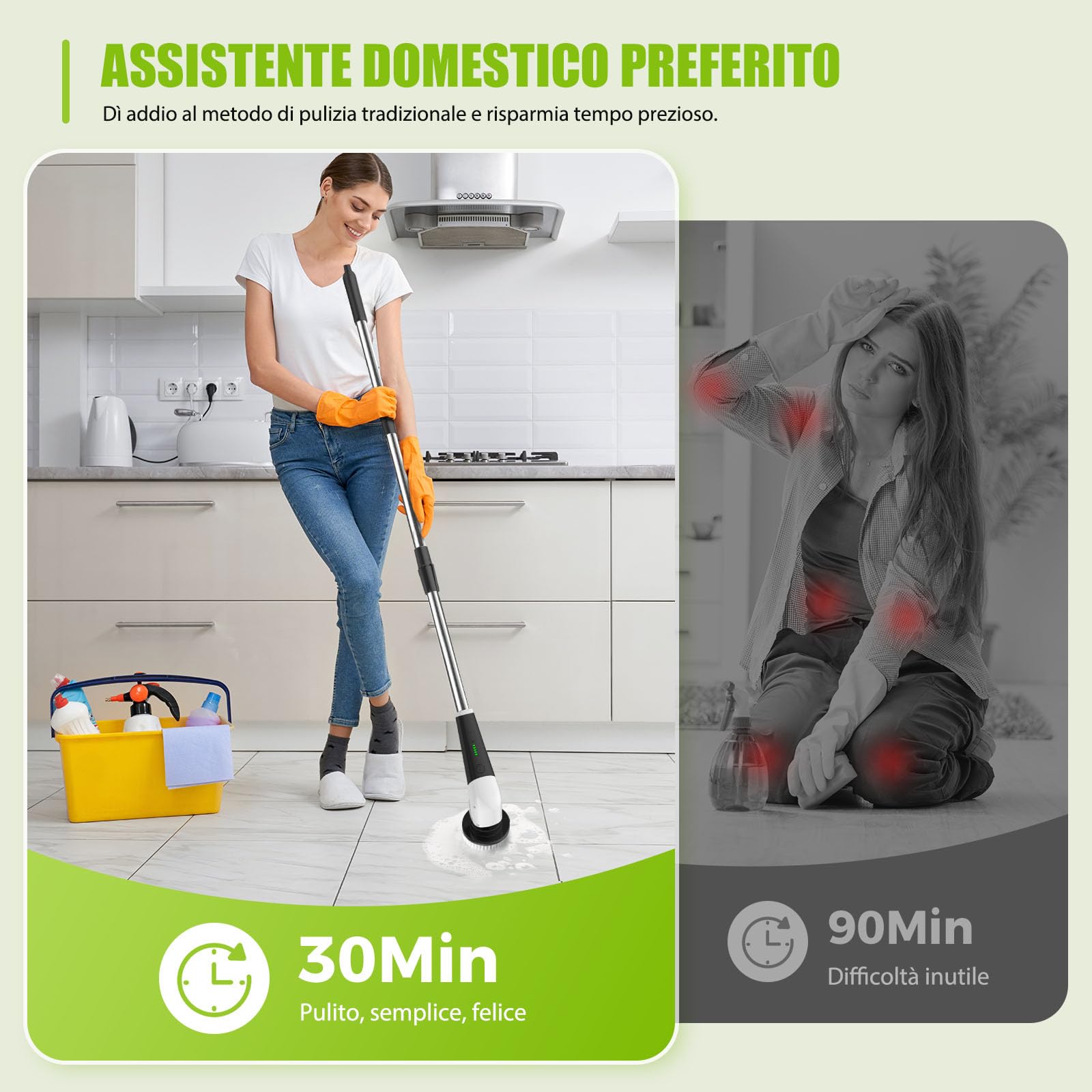 YKYI Spazzola Elettrica Rotante per Pulizia Casa – 8 Testine, Manico Regolabile, 2 Velocità – Spazzola Elettrica Pulizia Casa Bagno Cucina – Spazzola Rotante per Pulizie con USB-C