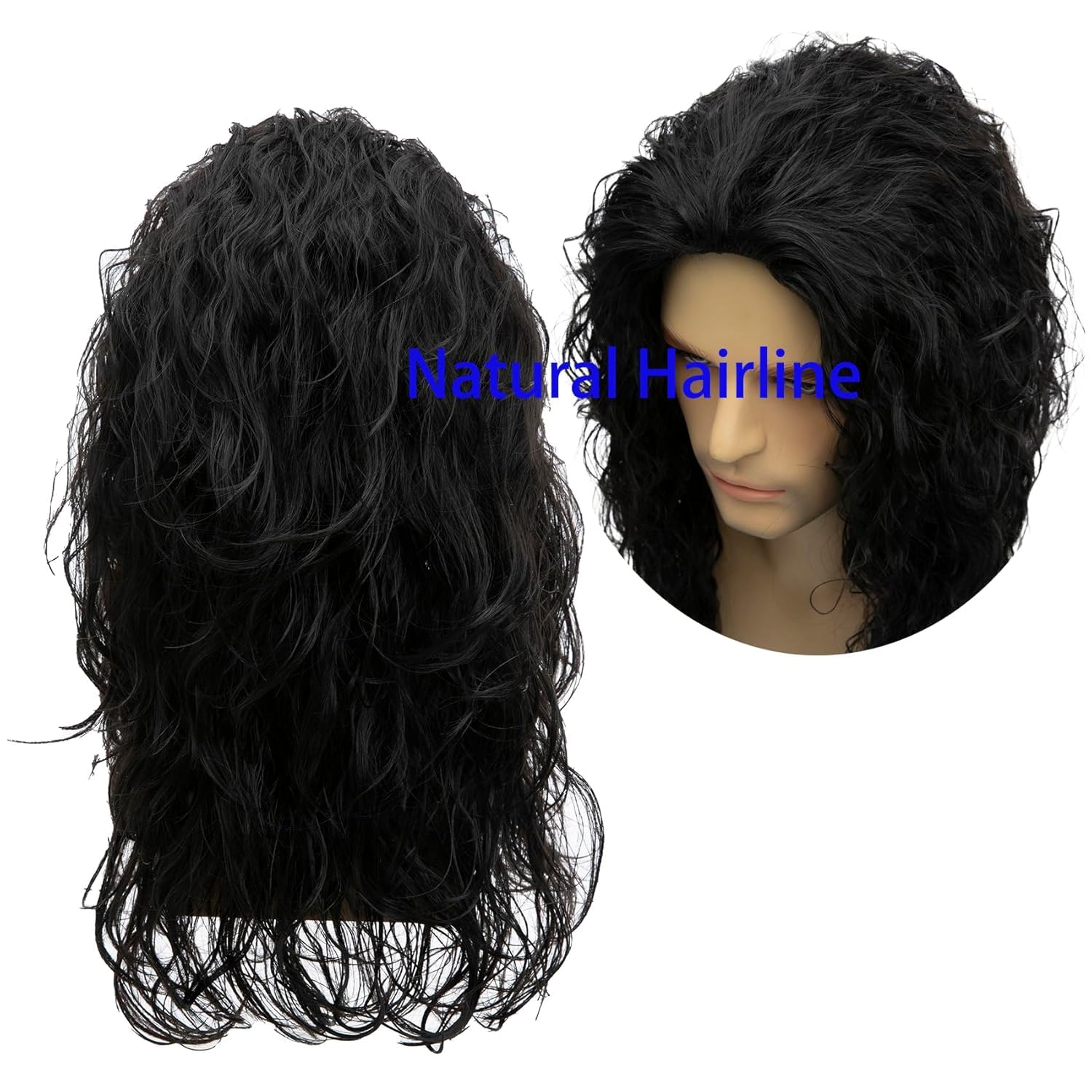 Qnbiar Long Curly Wavy Black Wigs for Men Synthetic Natural Party Halloween Cosplay Hair Wig - Image 3