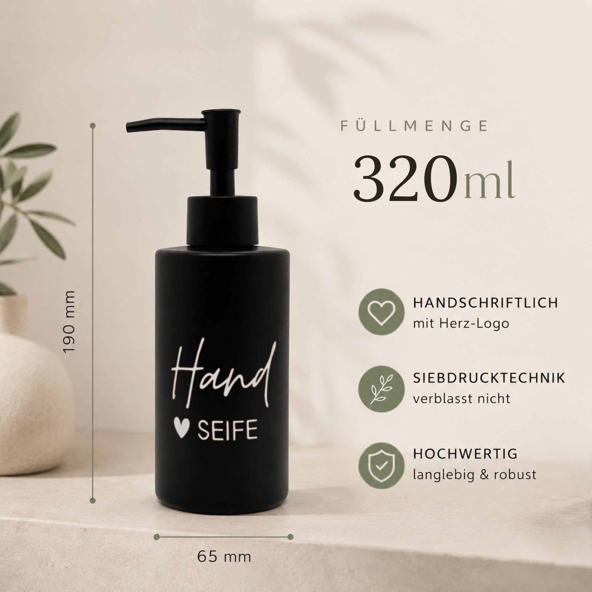 BoBoU 2er Set Glas Seifenspender schwarz matt 320ml Keramik Oberfläche Mattschwarzer Pumpenkopf mit Bambus tablett handgeschriebener Text Spülmittelspender Handseifenspender Küche Bad