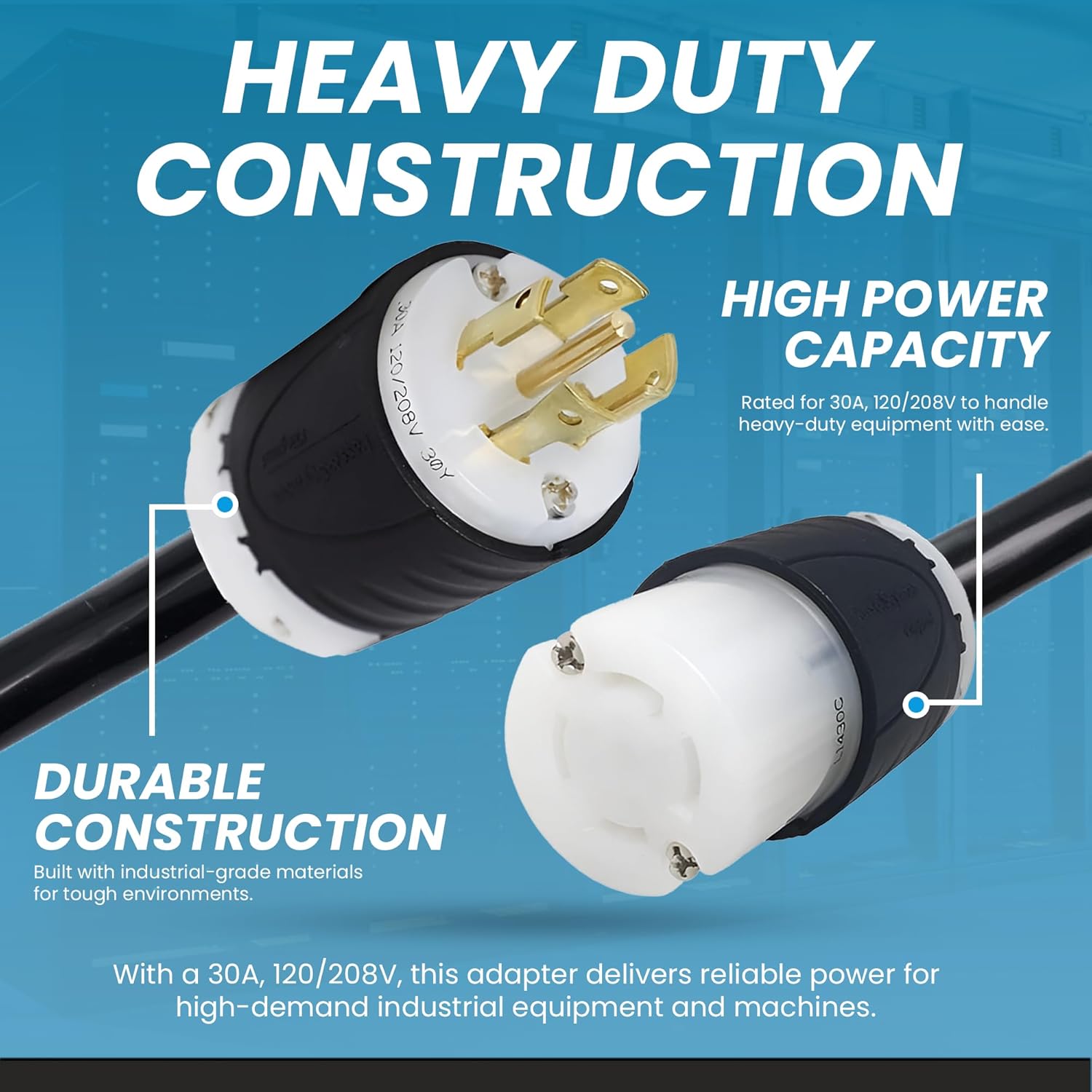 IronBox Electric NEMA L21-30P to L14-30R Power Plug Adapter - 30A, 120/208V, 10 AWG SJOOW - UL Listed Twist Lock Extension Cable - Heavy Duty Plug & Connector for Generator, Data Center & More (6ft)