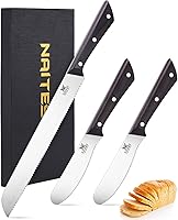 Naitesen 3-Piece Serrated Bread Knife Set with Butter Knives - Razor Sharp High Carbon Steel for Sourdough, Baguette, Bagels - Ideal Gift