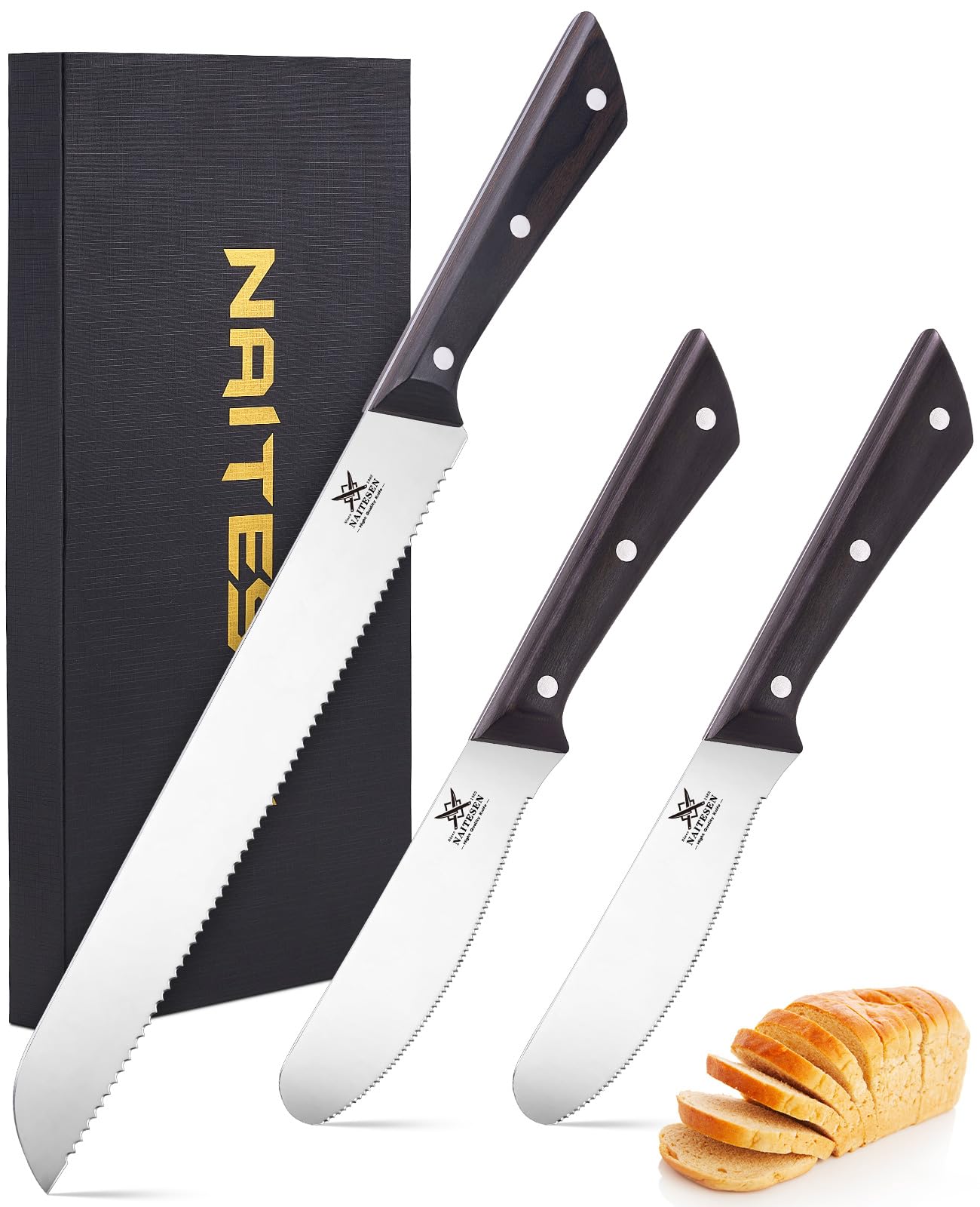 Naitesen 3PCS Serrated Bread Knife and Butter Knife Set