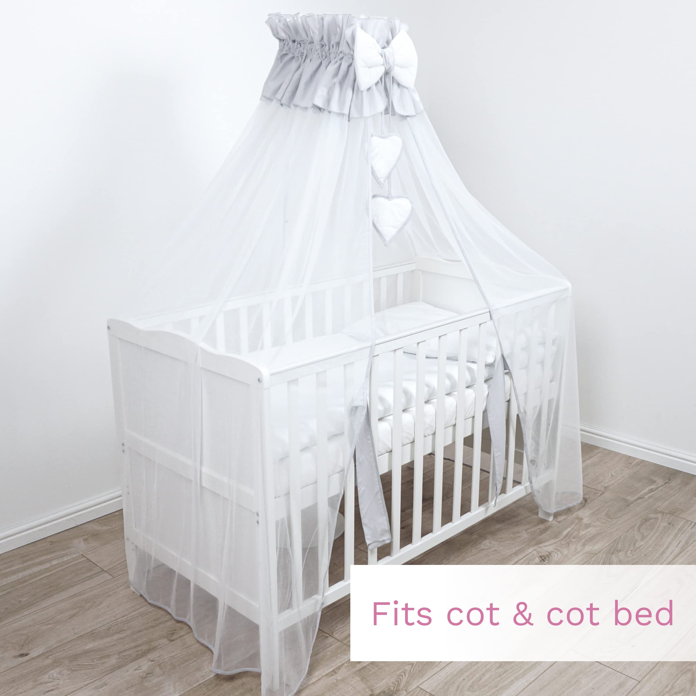 Baby Crown Canopy/Drape/Mosquito Net Large 485 cm Only for Cot or Cot Bed - Hearts (Grey), 375x170 cm - Image 2