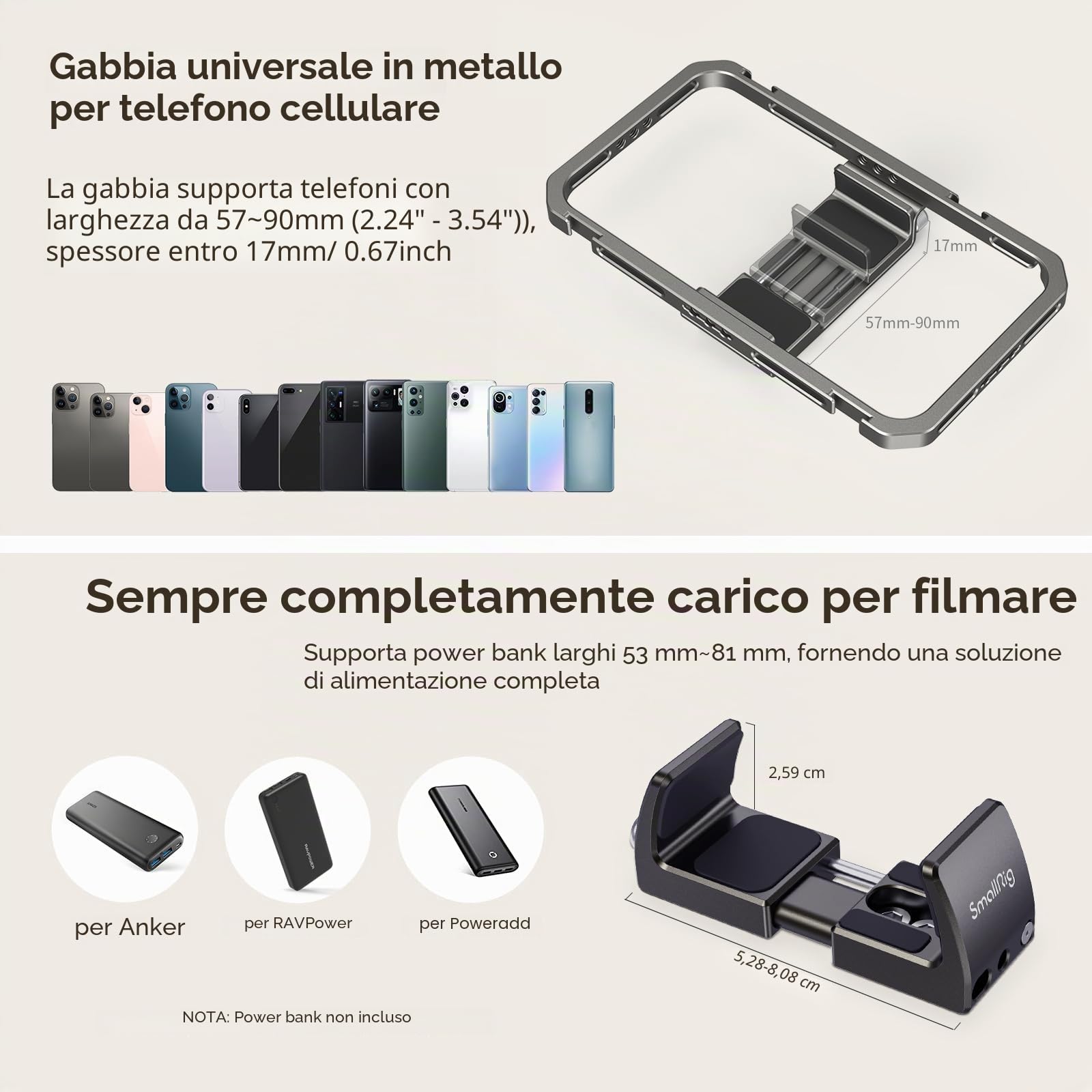 SMALLRIG Universal Phone Video Rig Kit per iPhone, Smartphone e Fotocamere, Stabilizzatore per Telefono con Treppiede Microfono Luce LED Maniglia Laterale Power Bank Holderm - 3384C