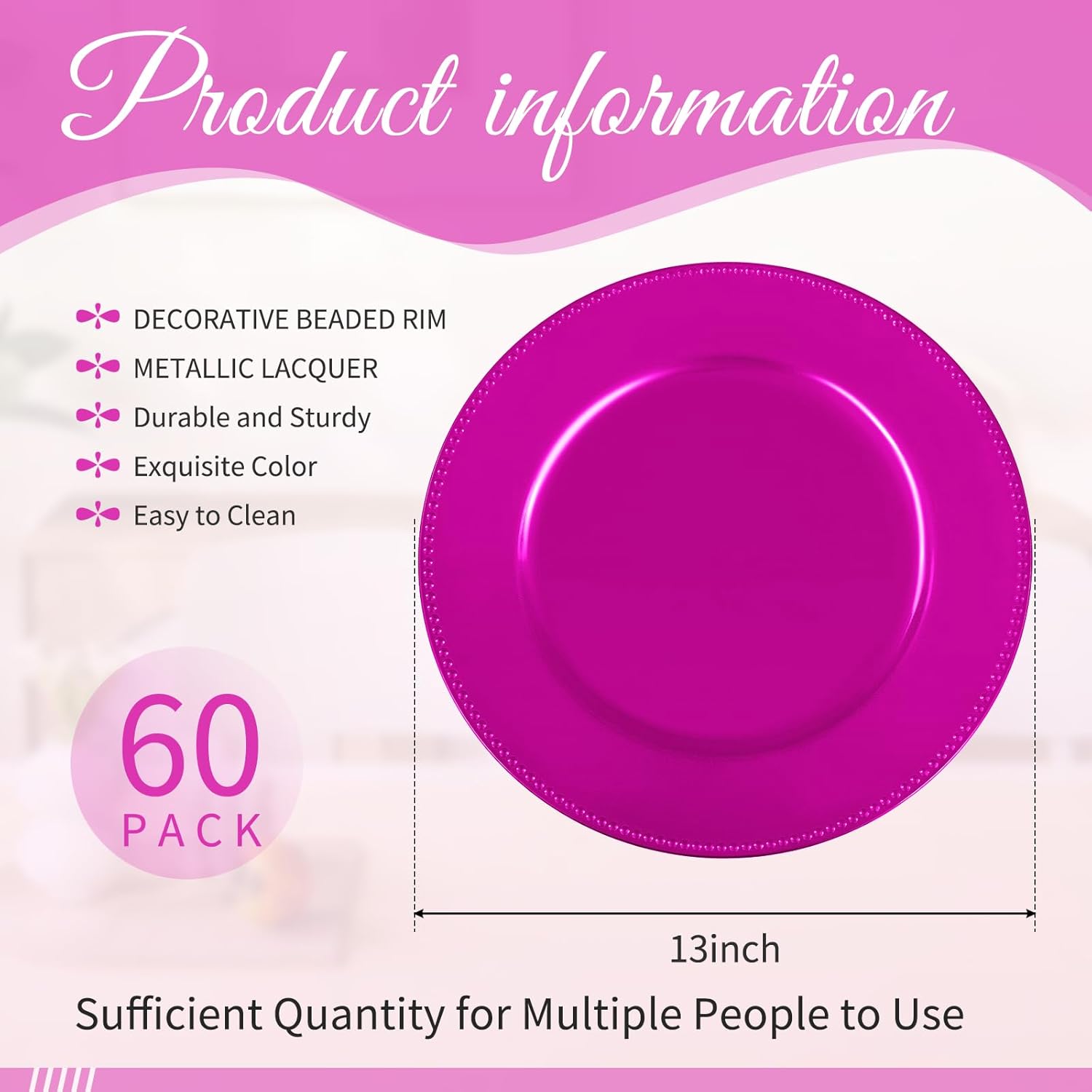 YMHPRIDE 60 Pack Hot Pink Plastic Reusable Dinner Charger Plates, 13'' Round Beaded Chargers Plates Vintage Table Decoration for Elegant Dining - Ideal for Weddings and Formal Events