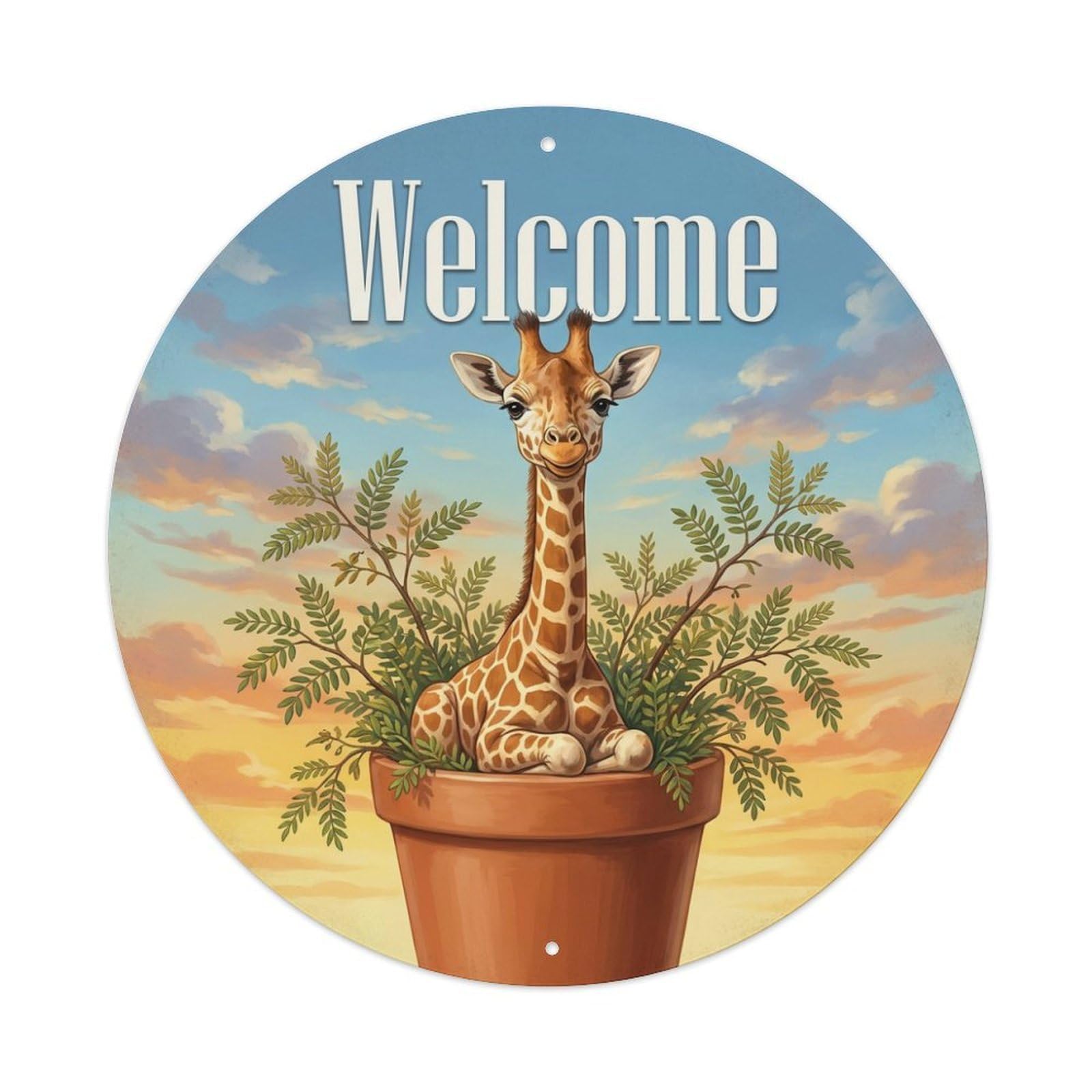 Welcome Giraffe Acacia Sky Metal Tin Sign