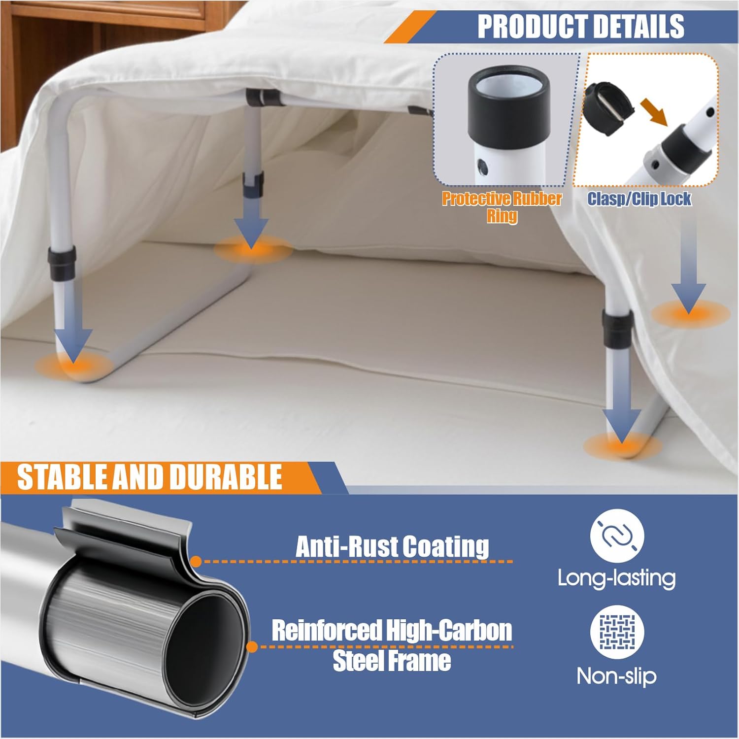 Blanket Lifter for Feet and Legs, Creates Comfortable Space and Reduces Blanket Pressure During Bedtime, High-Carbon Steel Bed Cradle with Adjustable 25–32 inch Frame and 4 Blanket Clips
