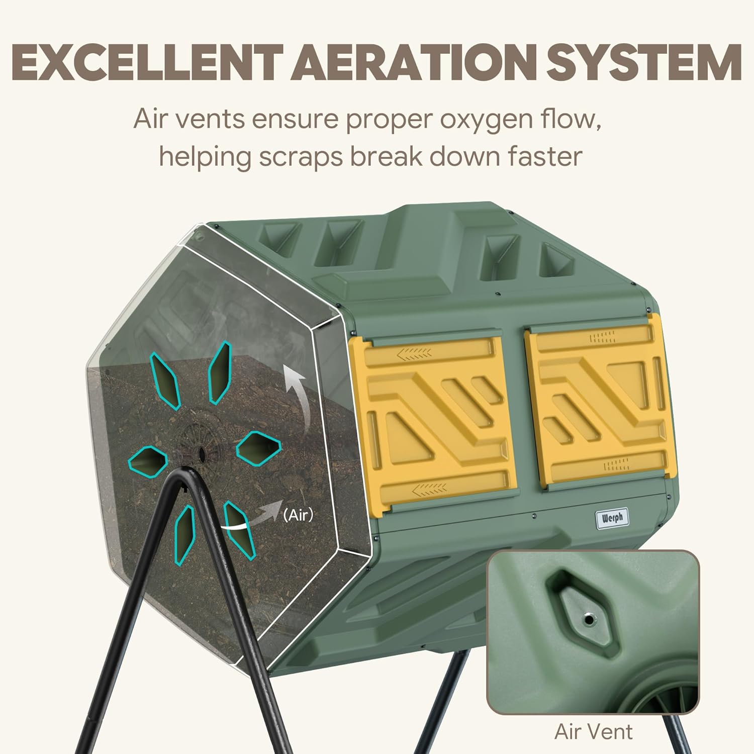 Werph Updated 43 Gallon Dual-Chamber Compost Bin, Fast Assembly Outdoor Compost Tumbler, Rotating Batch Composter Bin with Gloves for Garden, Kitchen, and Yard