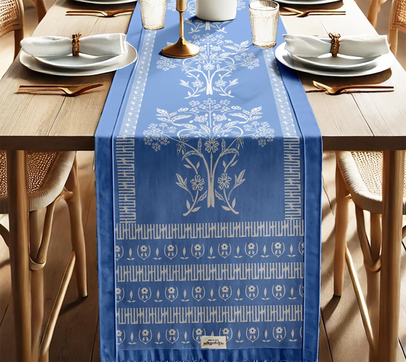 Double Layer Cotton Table Runner with Border - Leaves Print, Machine Washable - Dining Table Décor for Farmhouse & Modern Homes