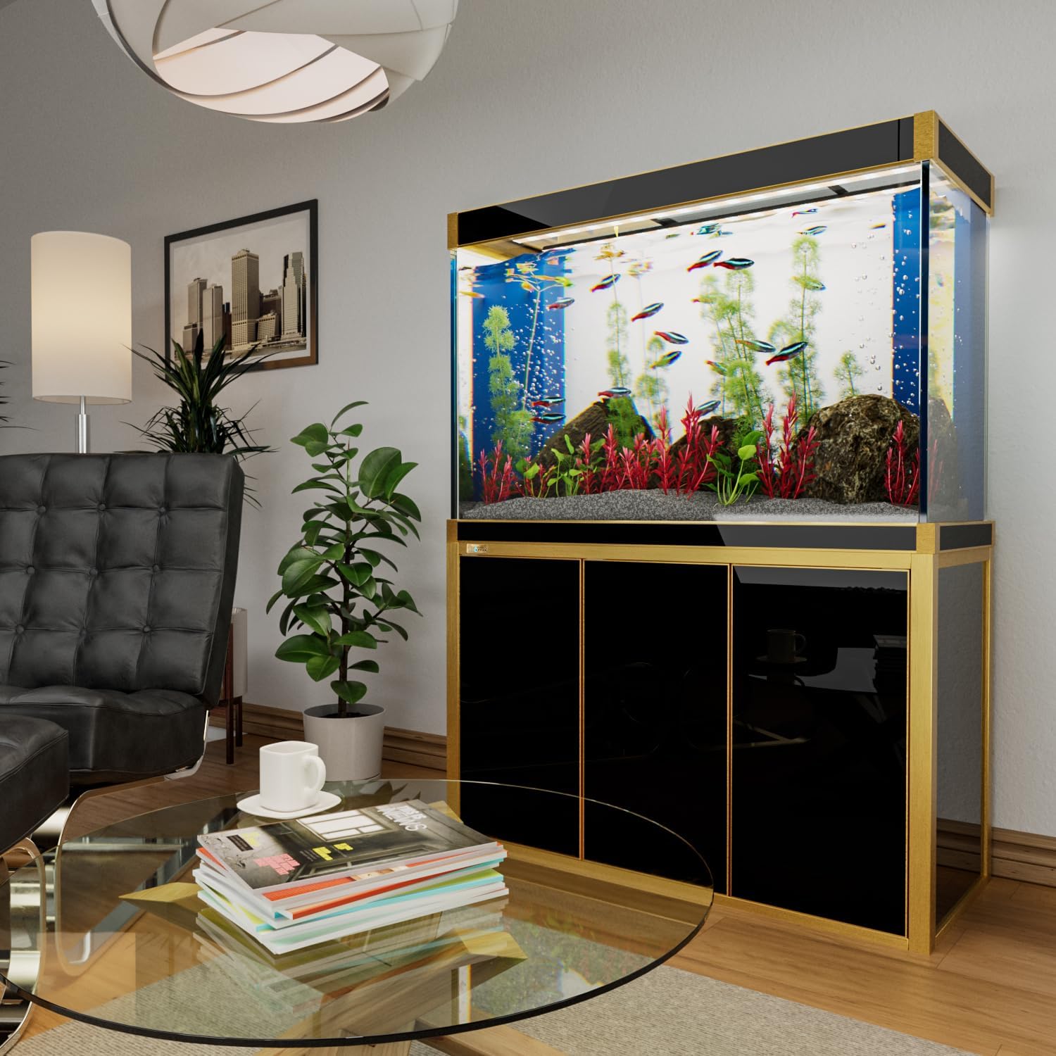 Aqua Dream 175 Gallon Fish Tank - Ultra Clear Tempered Glass Aquarium with Stand, Pump, Filter, LED; Perfect for Fish Tank Decorations & Aquarium Decor; Reinforced Aluminum Frame - Black/Gold