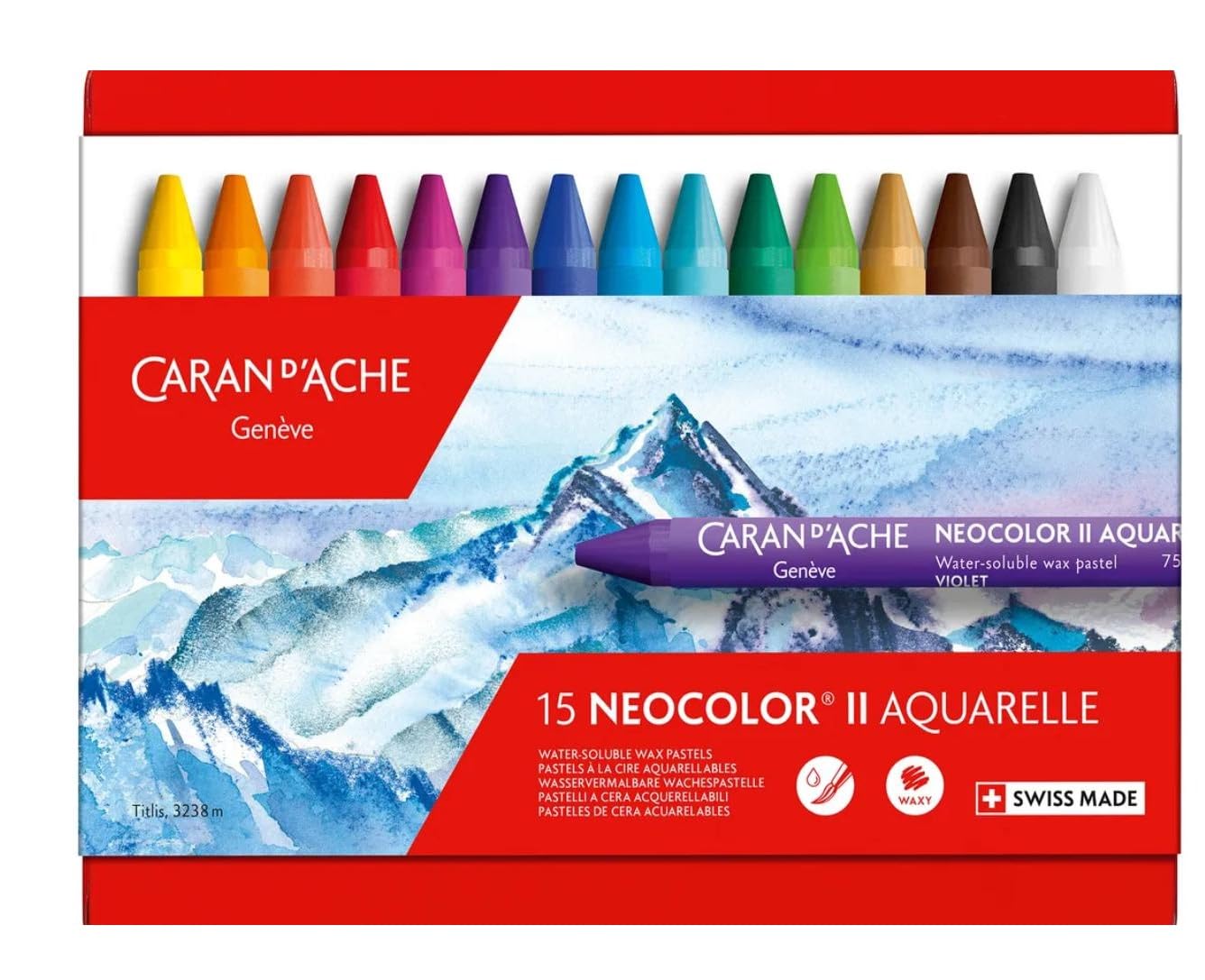 Caran d'Ache Neocolor II, Pasteles de cera acuarelables, Lápices de cera Aquarellables - Lote de 15 y 2 tarjetas