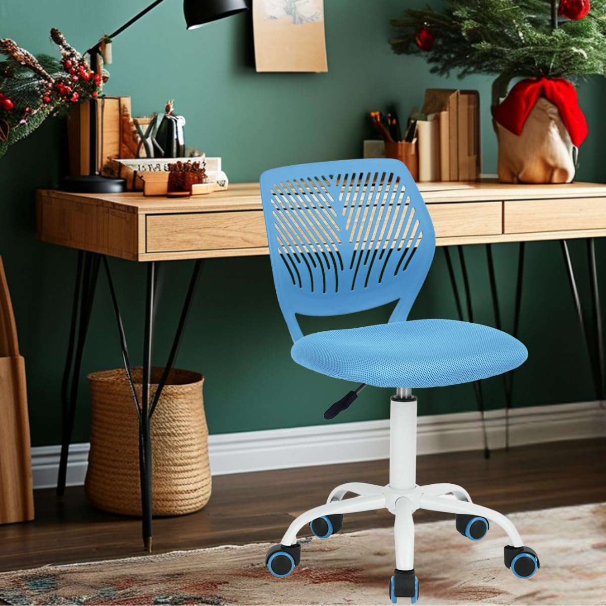 Furniturer Mädchen Blau Teens Task Chair 360 Swivel Low Mid Pp Mesh Back Fabric Sitz Höhenverstellbare Rollrolle, Fabric Blue