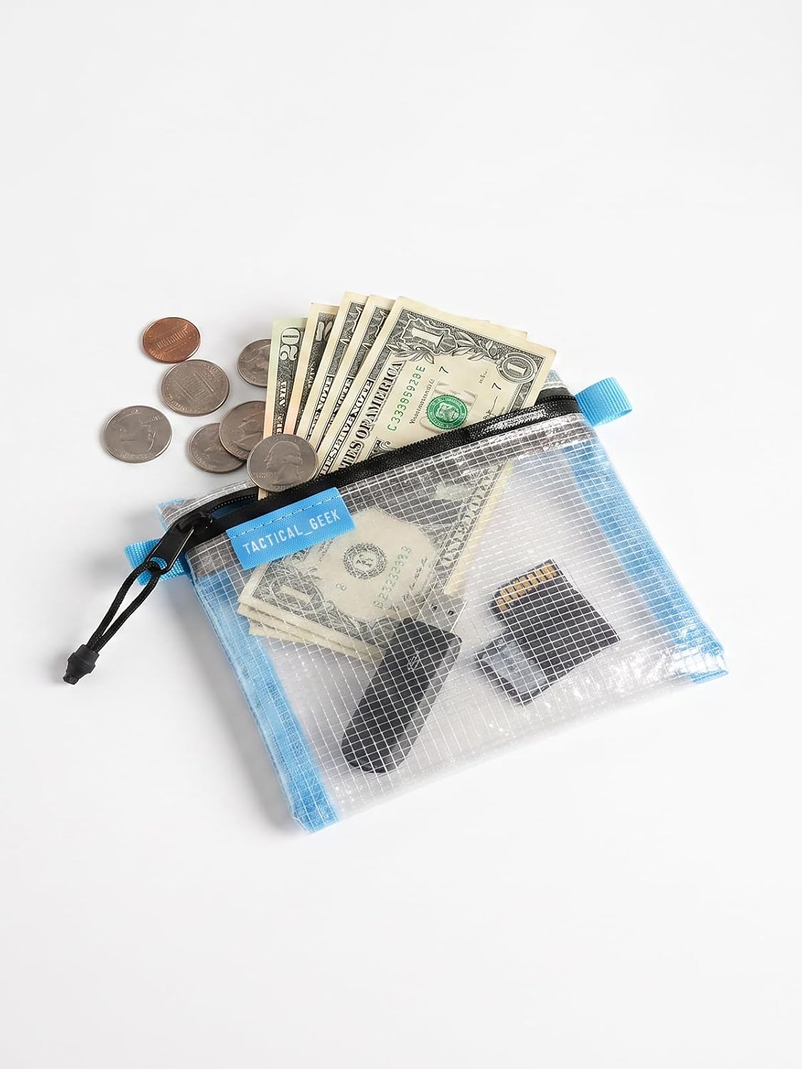 TACTICAL_GEEK HS6 Clear Mini Coin Pouch, Lightweight Transparent PE Mesh Zipper Storage Bag, Small Organizer for Coins, Folded Cash, Cards, Earbuds, USB Drives, Keys and Travel