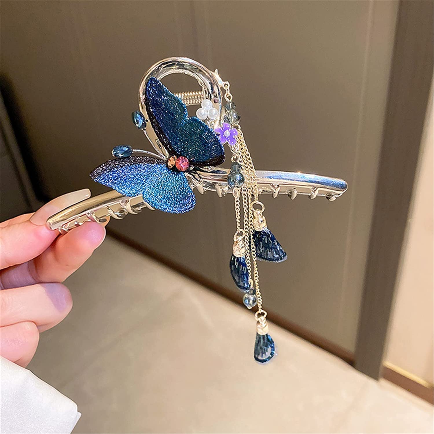 Spinki do włosów, duży klips do pazurówKlipy do pazurówKlipy do pazurów,Klipy do szczęki do włosów,Klip Barrettes,Kryształowy diament Motyl Tassel Spinka do włosów w stylu chińskimOkrągłe włosy Rekin