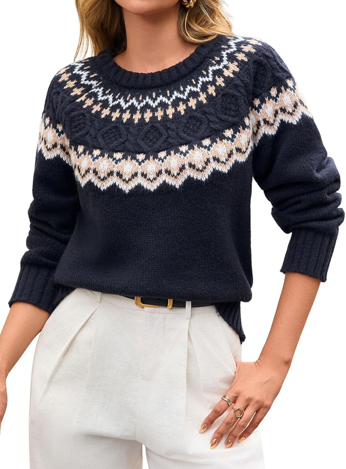 MAOECO Womens Cropped Sweater Trendy 2025 Long Sleeve Crewneck Fair Isle Sweaters Chunky Knit Pullover Tops Fall Outfits