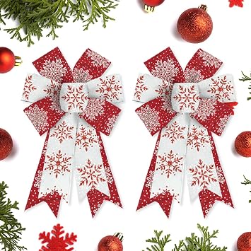 Hying 2 Pieces Christmas Bows for Wreath, Christmas Wreath Bow Glitter Red White Burlap Bows Xmas Snowflake Craft Bows Ornaments for Front Door New Year Christmas Party Decoration Supplies
