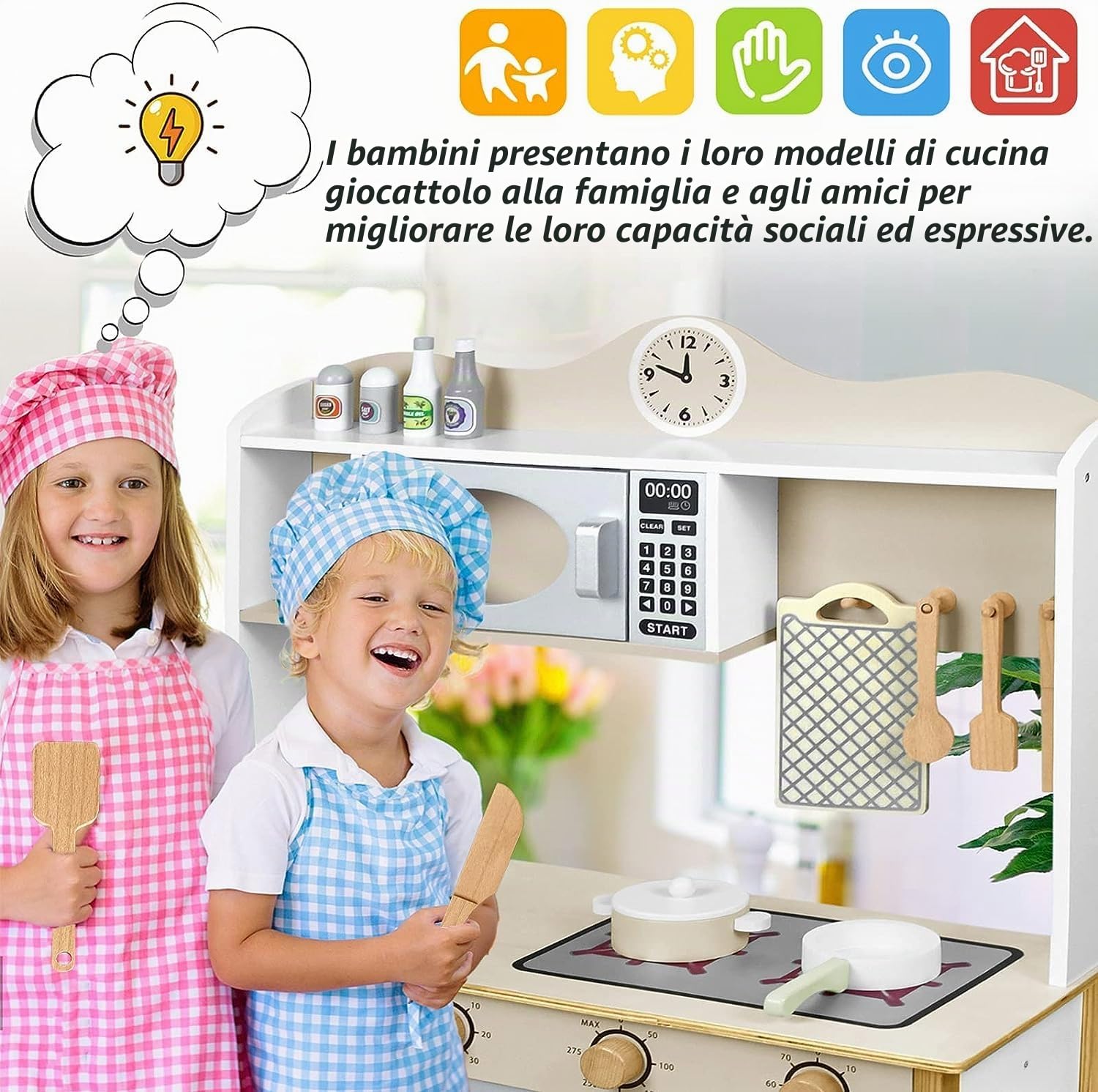 ACXIN Set da Cucina in Legno e Acciaio Inox per Bambini con Accessori - Mini Set Gioco (68 x 26 x 78 cm)