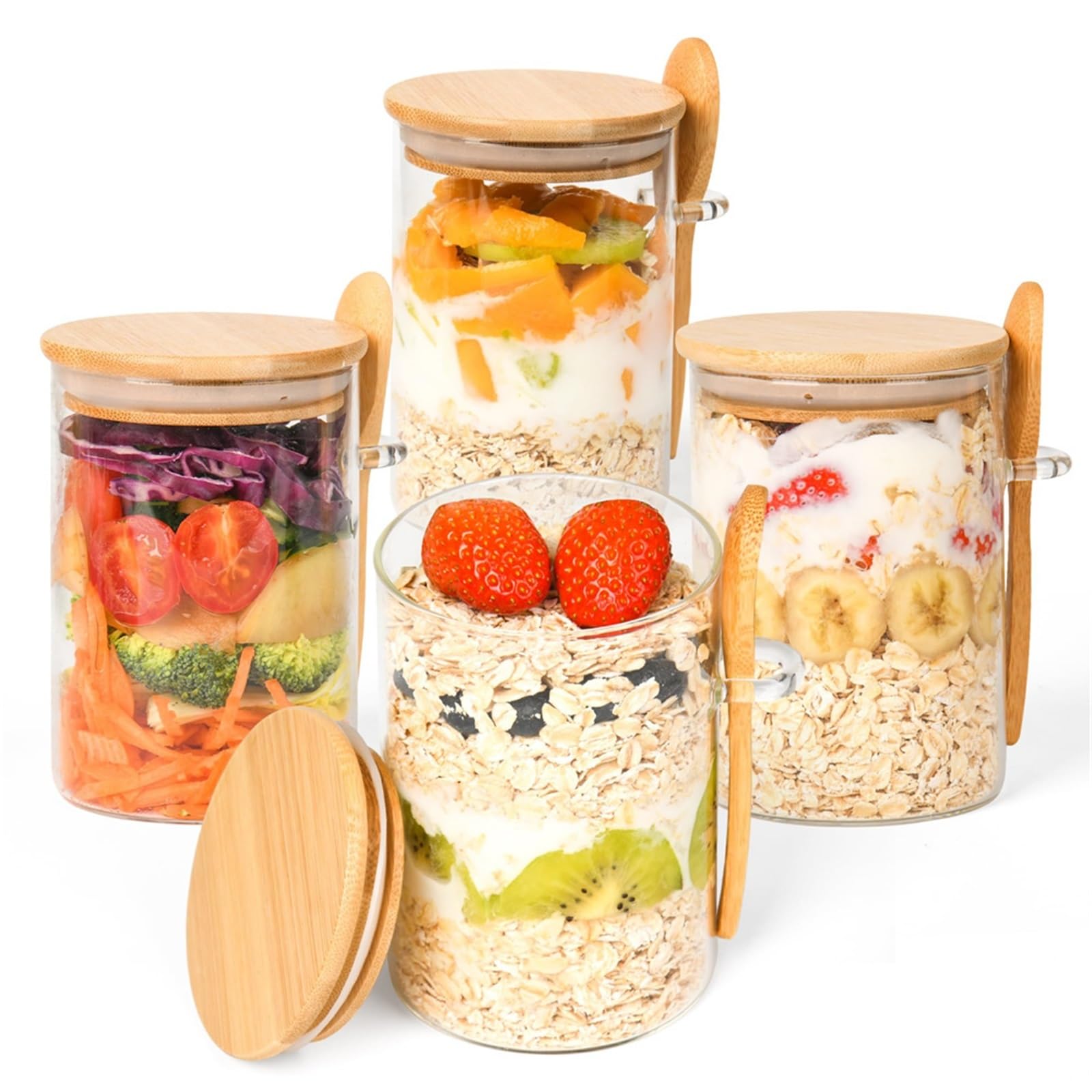 Recipientes de avena for la noche con tapa, tarros vidrio herméticos cuchara for café y té, 2 uds para Cocina