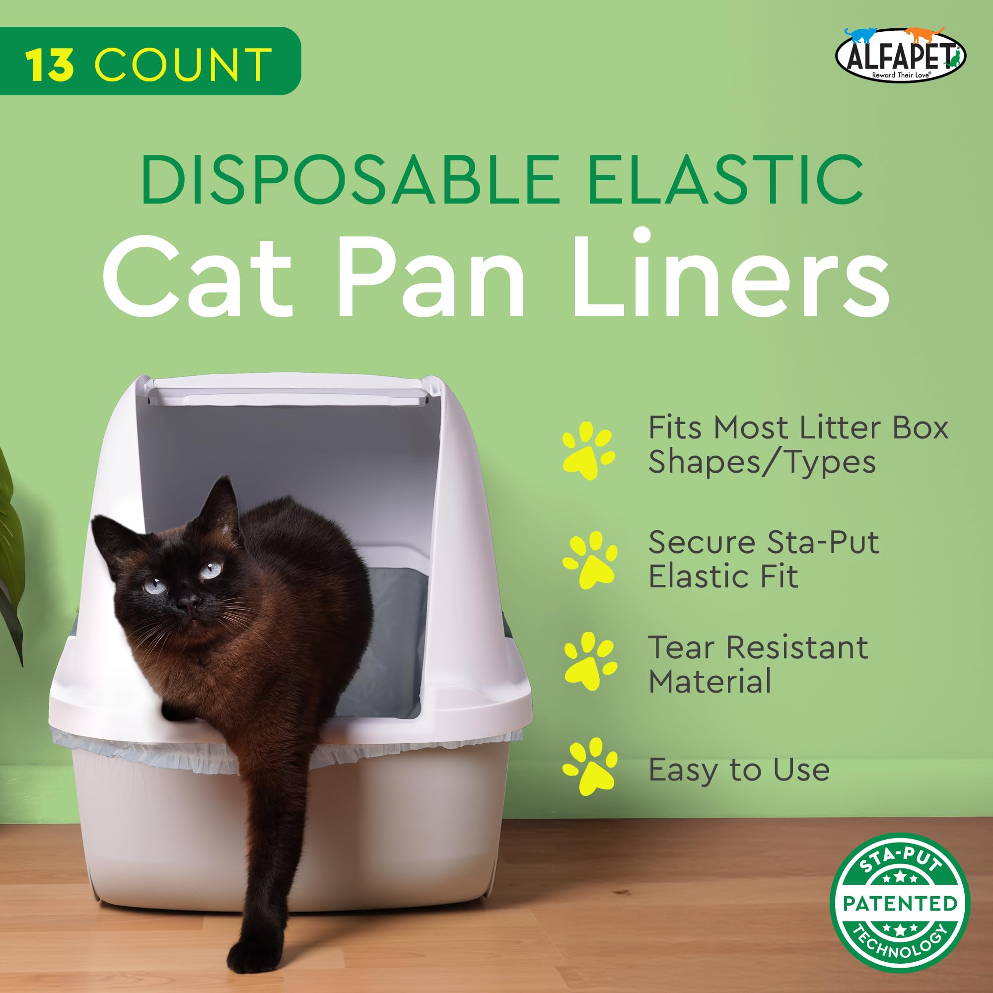Alfapet Kitty Katzentoilette, Einweg, elastische Einlagen, 13er-Pack, für extra riesige, Jumbo-Katzentoiletten, mit Sta-Put-Technologie für feste, einfache Montage, schnelle und clevere Abfallreiniger