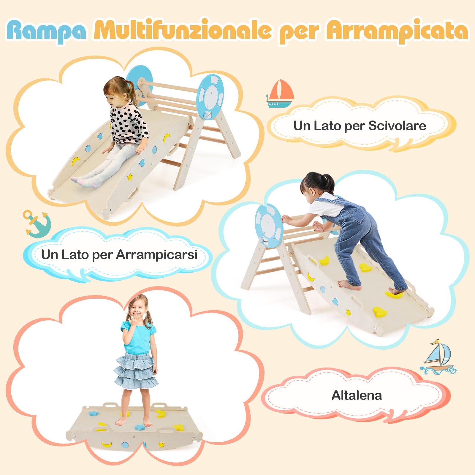 RELAX4LIFE Juego de Triángulo para Niños, Juguetes de Escalada Plegables 8 en 1, Parque Infantil Montessori de Madera con Arco, Rampa y Escalera, Gimnasio de Interior para Niños (Natural)
