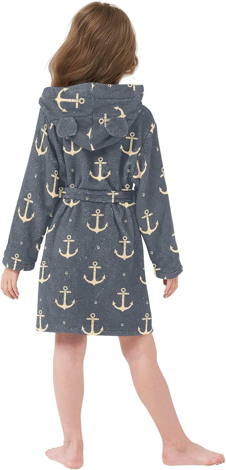 Anchor Black Pattern Toddler Hooded Bathrobe for Boys Girls Soft Plush Bath Towel Robe 2-12 Years