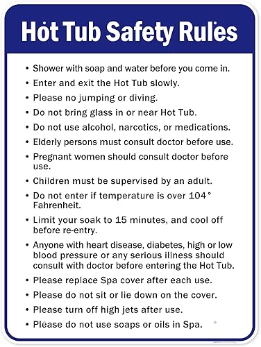 Vista 78 de Letrero de reglas de seguridad para bañera de hidromasaje, 10 x 14 pulgadas, libre de óxido, aluminio 040, resistente a la decoloración, fabricado