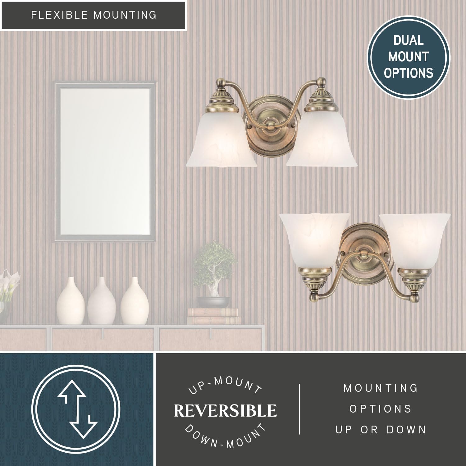VAXCEL Standford 2-Light 13 inch Wide Antique Brass Gold Traditional Bathroom Vanity Lighting Fixture, White Alabaster Glass Shade, Dimmable, LED Compatible, Over The Mirror Mounted Steel Wall Sconce