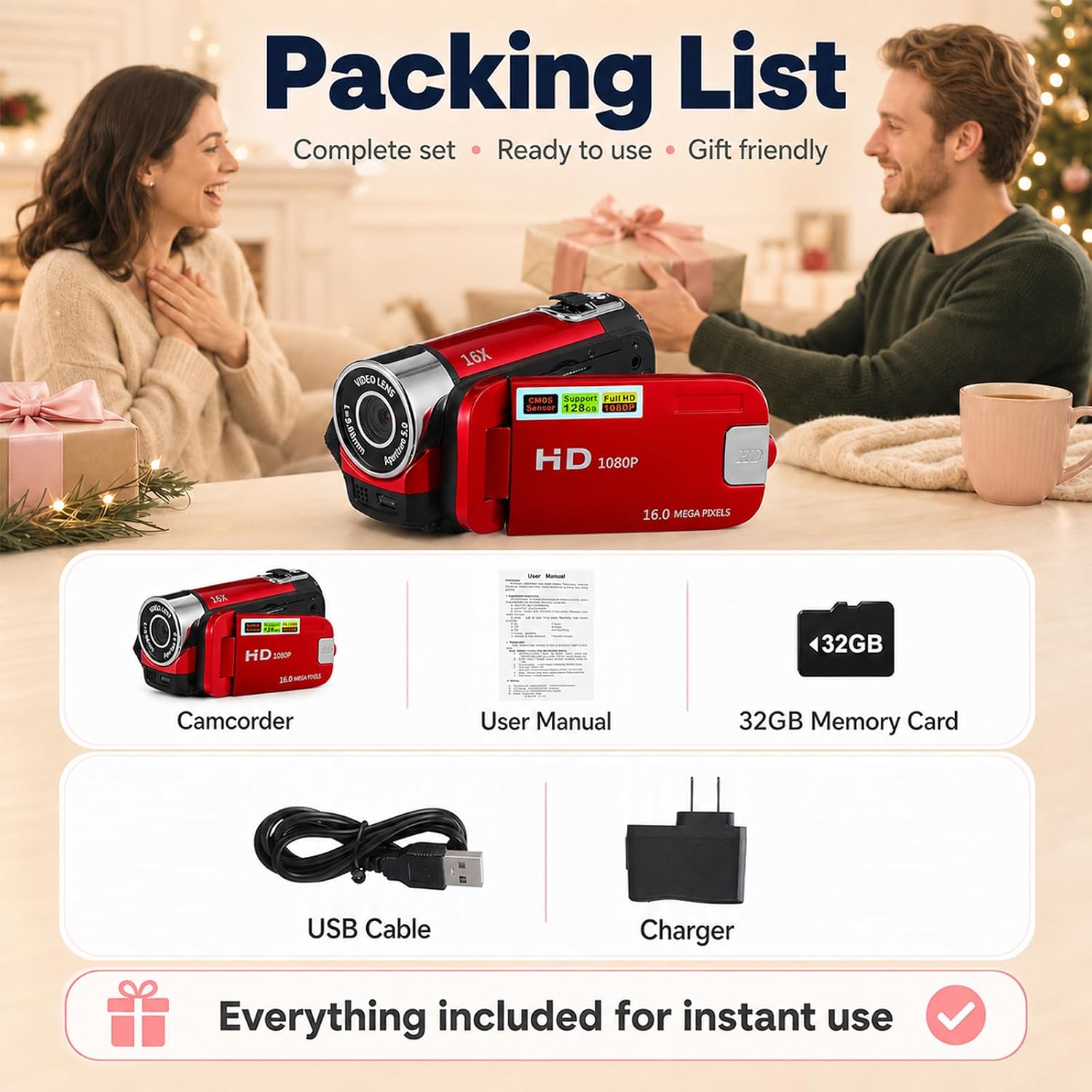 Portable Digital Camcorder, 1080P DV Camera Vlogging Recorder, 2.7-inch LCD Screen, 16x Digital Zoom, and Built-in Battery with 32GB Card for Beginners(Red)