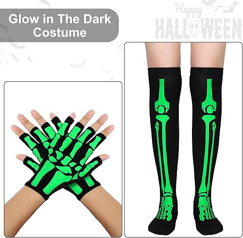 Miniatura 4 de SOMSOC Disfraz de esqueleto para mujer, disfraz de esqueleto que brilla en la oscuridad, vestido de esqueleto con guantes altos, conjunto de