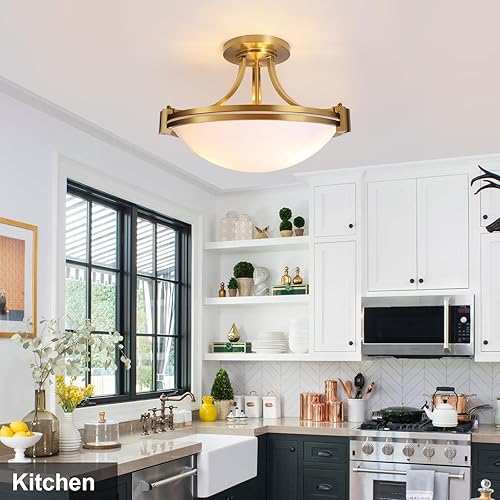 Miniatura 6 de Bektas Lámpara de techo semiempotrada, 16 pulgadas de oro cepillado con vidrio de leche para dormitorio, cocina, baño, pasillo, vestíbulo, sala de