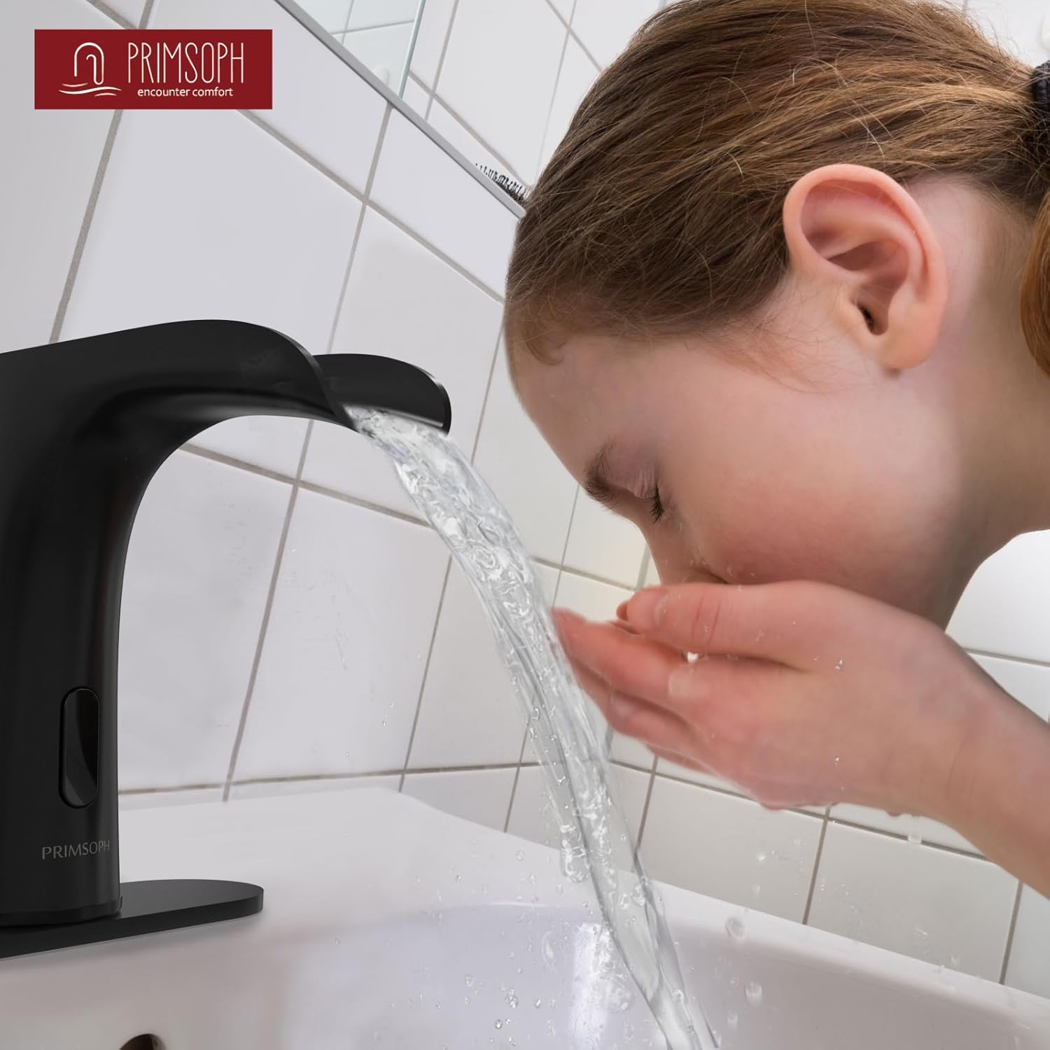 PRIMSOPH Waterfall Automatic Motion Sensor Hands Free Electronic Infrared Smart Commercial Touchless Bathroom Sink Faucet with Cover Plate Temperature Mixer Battery or Plug-in Powered Matte Black