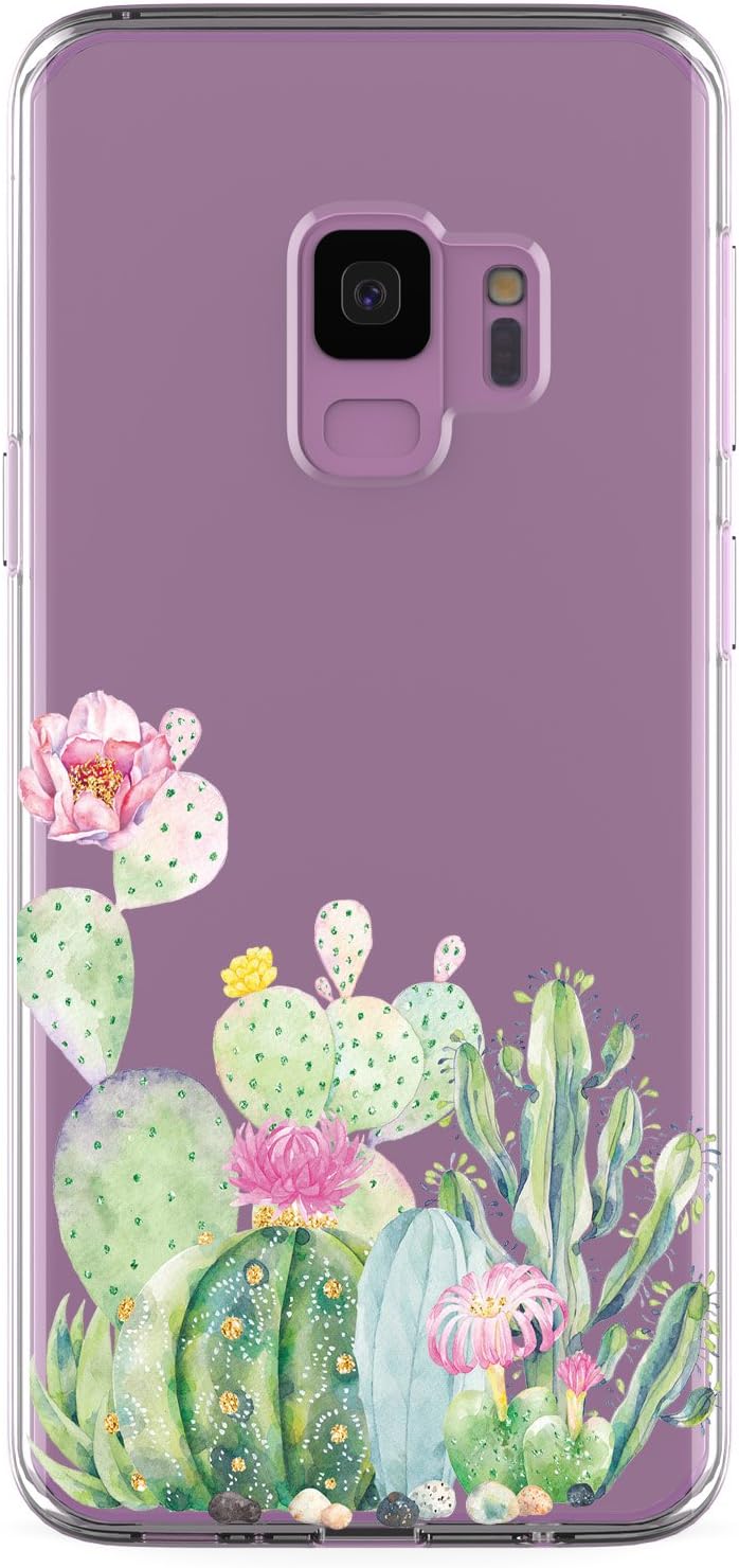 Galaxy S9 Case, JAHOLAN Girl Floral Clear TPU Soft Bumper Slim Flexible Silicone Cover Phone Case for Samsung Galaxy S9 - Green Cactus