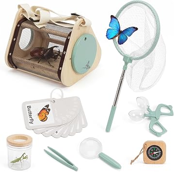 WOODENFUN Bug Catcher for Kids, Bugs Habitat Outdoor Explorer Kit | Sturdy Wooden Kids Bug Catching Kit Gifts with Collector Butterfly Net Tweezer for Boys Girls Age 3-8