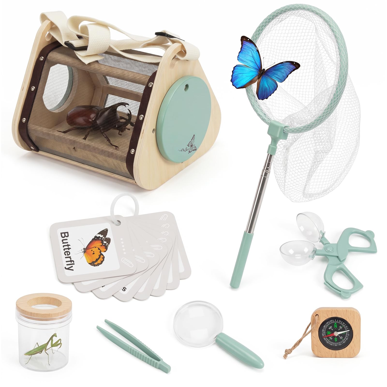 WOODENFUN Set di 8 giocattoli in legno per bambini, set da 8 pezzi, per bambini, avventura, esploratore, giocattolo per attività all'aperto, 3 anni +