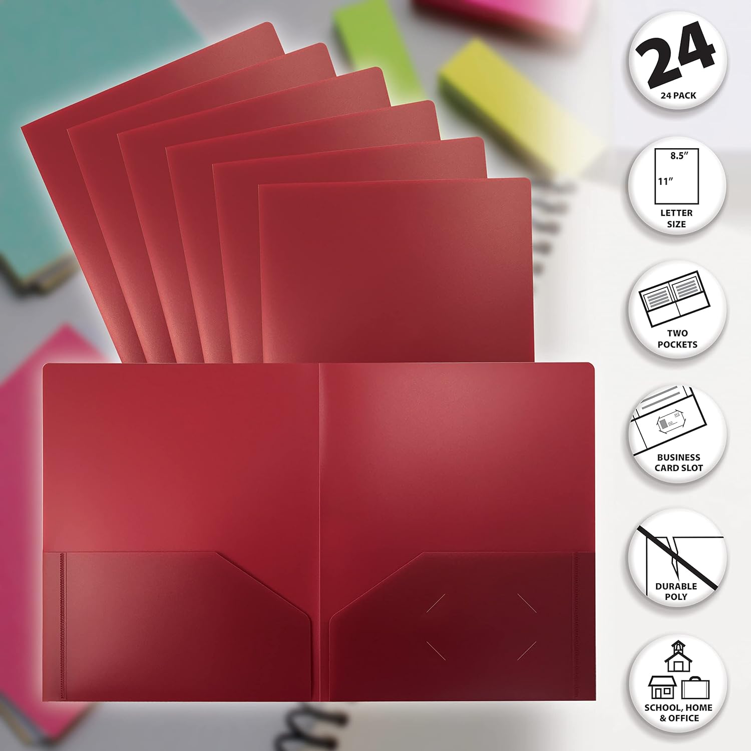 Better Office Products Heavyweight Burgundy Plastic 2 Pocket Portfolio Folder, Letter Size Poly Folders, 24 Pack, Burgundy Red