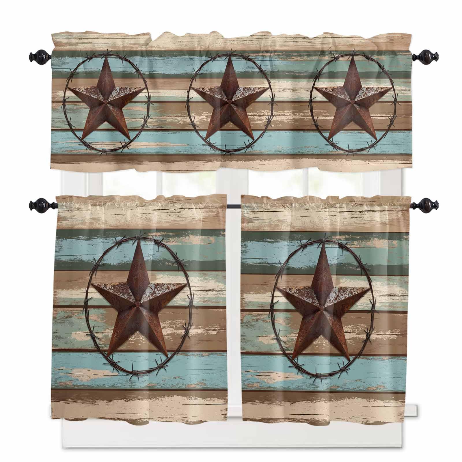 Teal Brown Texas Star Kitchen Curtains 24 Inch Length, 3 Piece Rod Pocket Small Half Tiers and Valance Set, Country Farmhouse Wooden Small Large Window Treatment Decor for Bedroom/Bathroom Sink