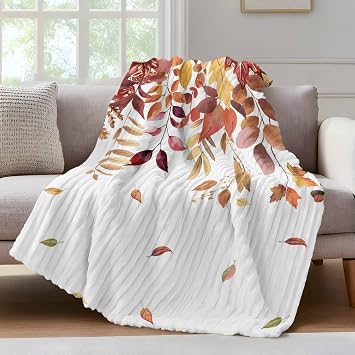 Orange Fall Leaves Fleece Throw Blanket for Couch, Watercolor Maple Eucalyptus Botanical Microfiber Flannel Blanket for All Season, Lightweight Soft Throw Blankets for Bedroom, Living Room, 60"x80"