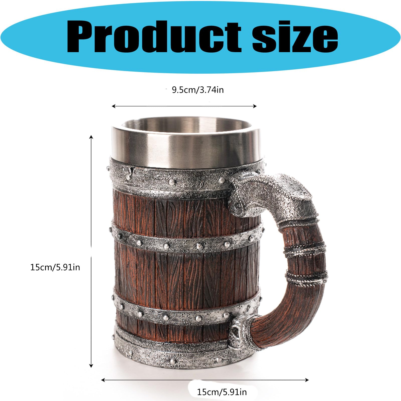 Generisch Chope à bière en bois avec isolation à double paroi, grande capacité, tasse en résine, gobelet intérieur en acier inoxydable pour boissons chaudes et froides, gobelet historique
