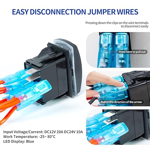 Miniatura 5 de Interruptor para luz LED de 5 pines con luz de encendidoapagado, luz LED azul 20 A12 V 10 A24 V con cables de puente para automotor, barco, camión,