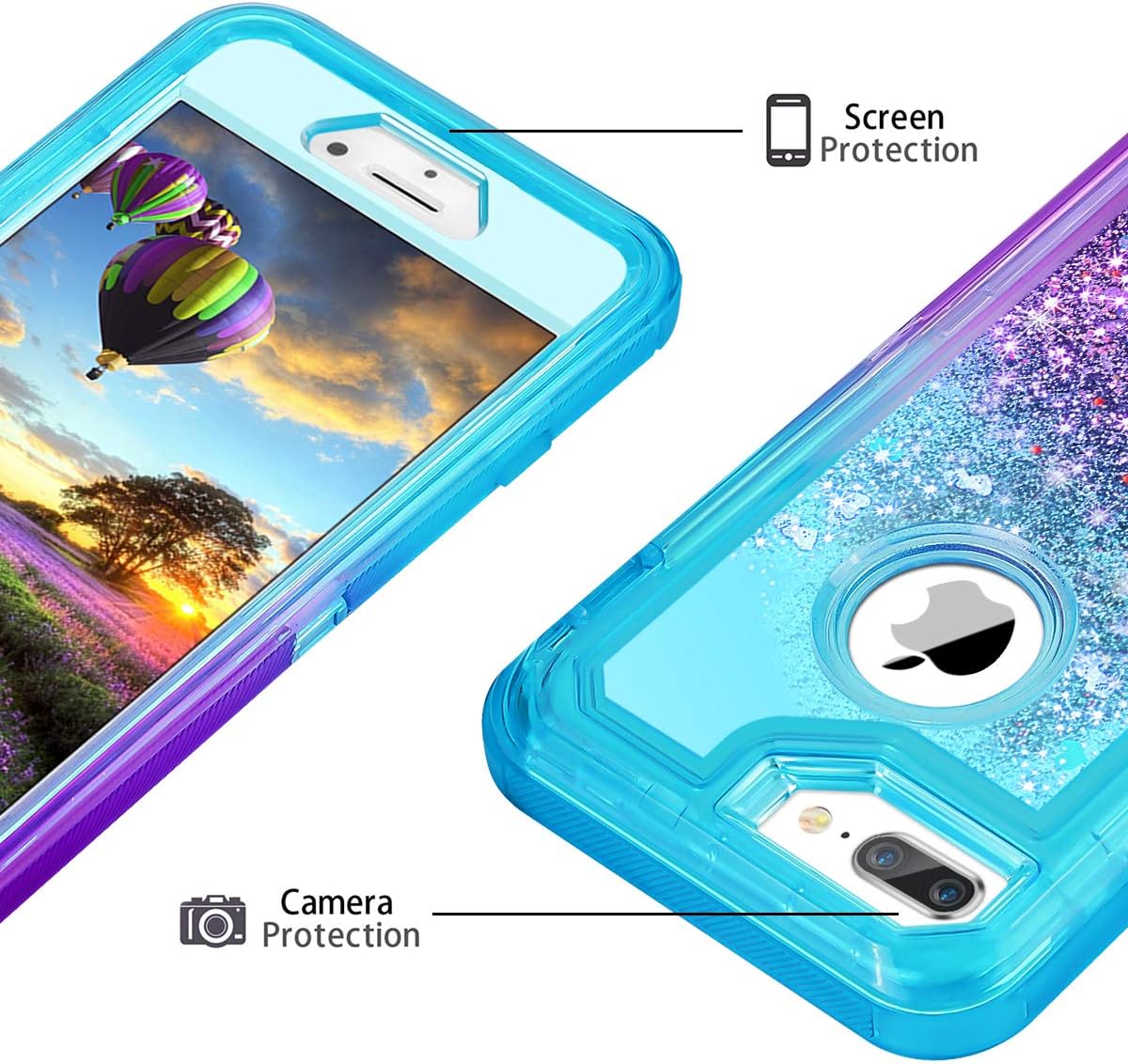 Coolden Case for iPhone 8 Plus Case Protective Glitter Case for Women Girls Cute Bling Sparkle 3D Quicksand Heavy Duty Hard Shell Shockproof TPU Case for iPhone 6s Plus 7 Plus 8 Plus, Aqua Purple