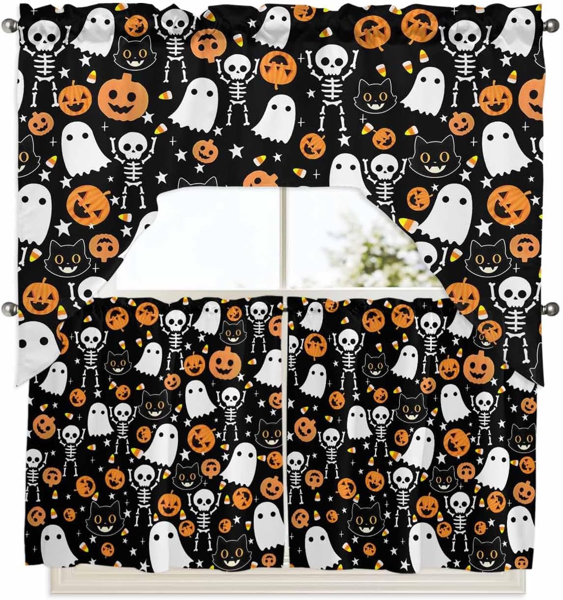 Halloween Pink Kitchen Curtains and Valance Set,Black White Ghost Orange Skull Pumpkin Short Swag Tier Curtain 36 Inch Length for Cafe Bedroom Bathroom Drapes 3 Piece Rod Pocket Window Treatment