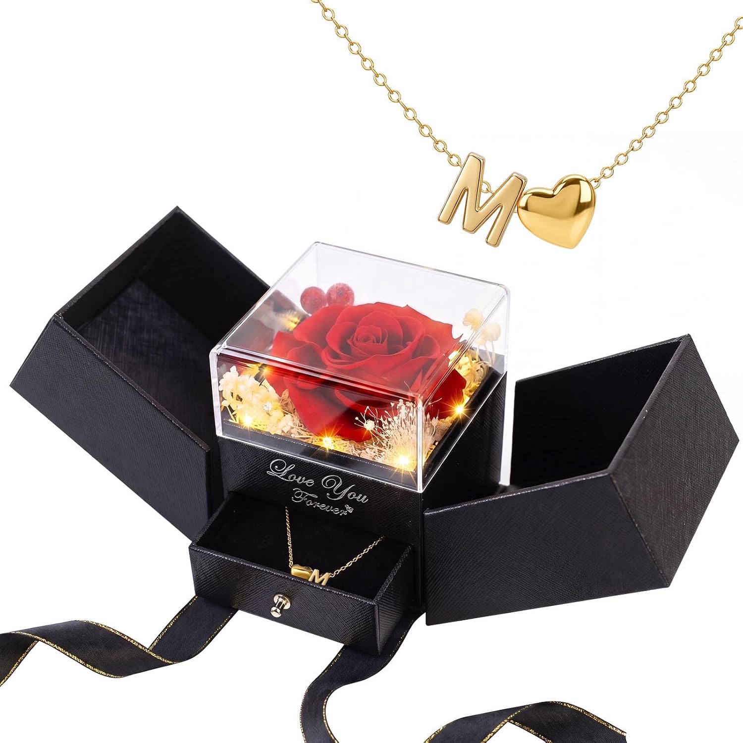 Ledido Heart Initial Necklace Letter A with Preserved Rose Box for Women | Preserved Rose Box with 18K Gold Plated Necklace, Gift for Mom Wife Girlfriend on Valentines Birthday Anniversary Mothers Day