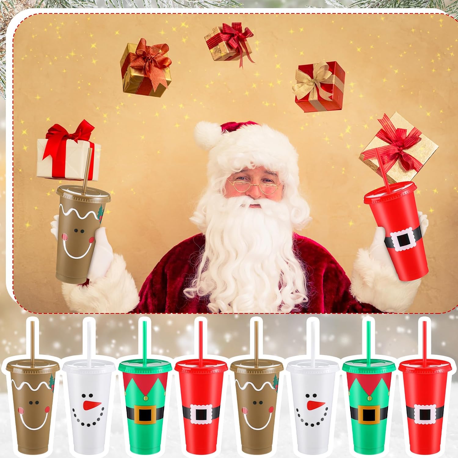 Skylety 24 Pcs Reusable Christmas Cups Bulk Plastic Coffee Cups Travel Mug 24 oz 4 Styles Christmas Reusable Tumbler with Lids and Straws for Wine Hot Cold Drinks Xmas Party Supply