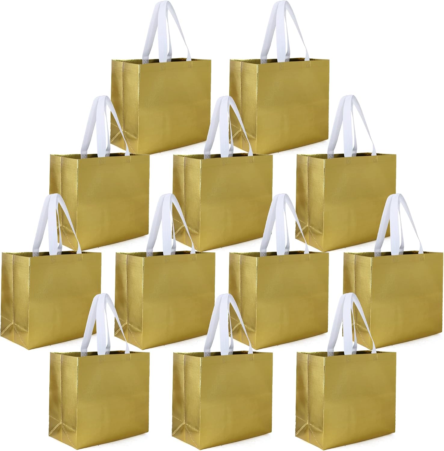 BeeGreen 12 Pack Gold Reusable Gift Bags Large L13.4''×W13.4''×H7'' Glitter Gift Tote Bags for Presents Bridesmaid Birthday Wedding Party Glossy Reusable Grocery Shopping Bags Bulk with Heavy Duty Handles