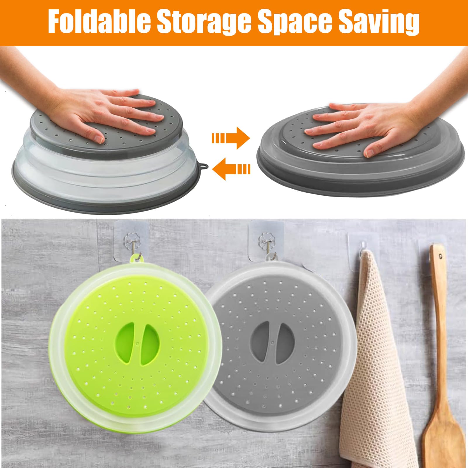 2Pcs Copertura Riscaldamento Antischizzi Microonde Pieghevole 26.5cm con Fori Vapore, Cesto Filtro Plastica con Ganci per Lavare Frutta Verdura Alimenti,Coprivivande Antispruzzo con Manico(Gris+Verde)