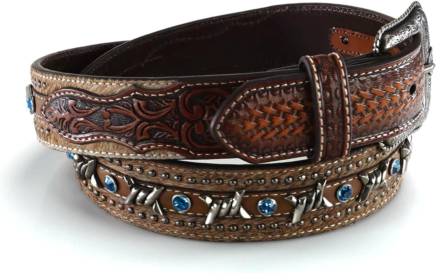 ARIAT Men's Embossed Leather Belt with Barbed Wire Accents and Blue Crystals - Image 2