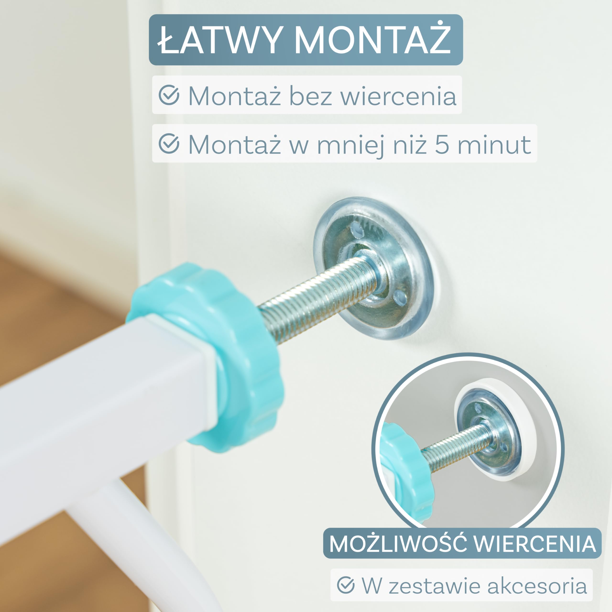 ib style Berrin 67-175 bramka ochronna na drzwi - bramka na schody dla dzieci, samozamykająca się, nie wymaga wiercenia, bezpieczna dla dzieci, 75-85 cm, biało-turkusowy