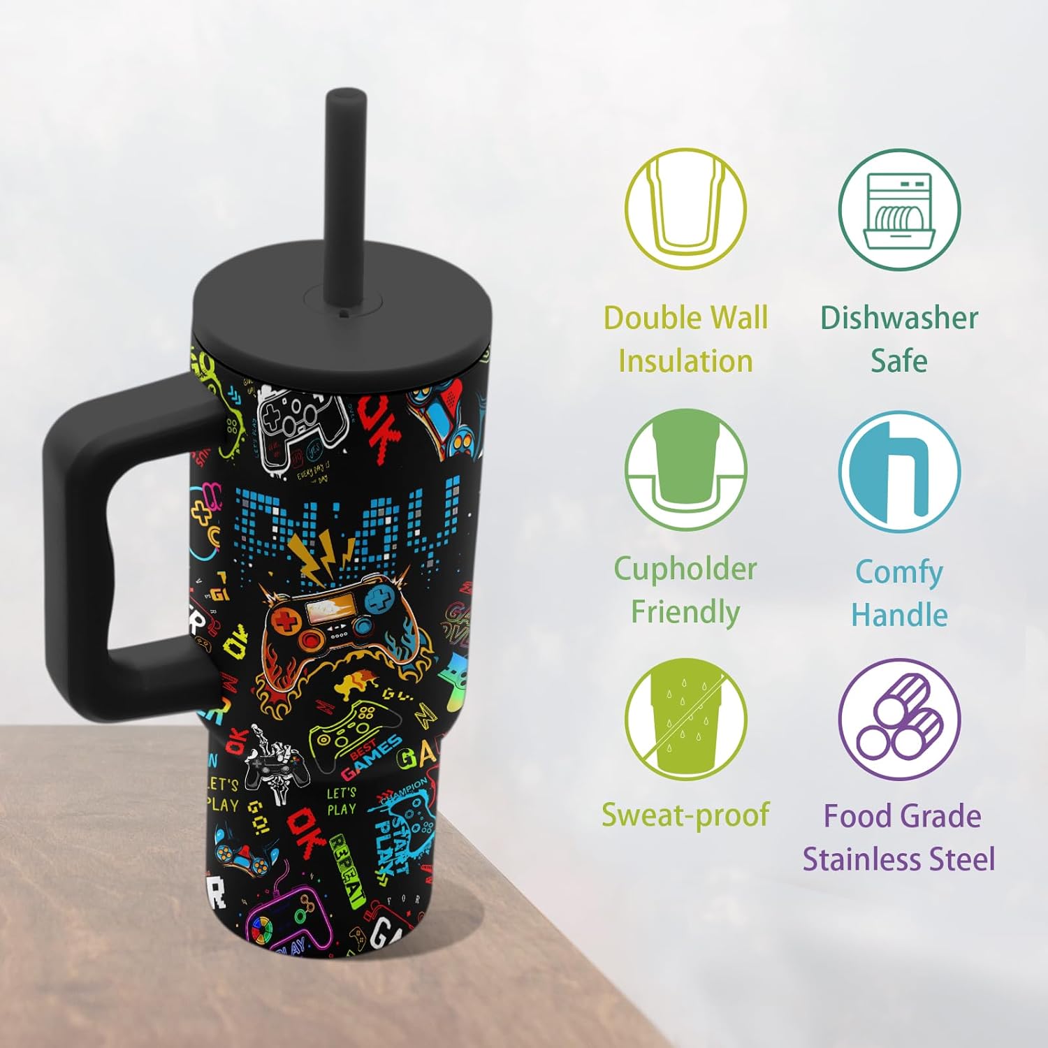 Hiboss Gamer Gaming Gifts for Men Boys, Gaming Tumbler with Handle and Straw 24oz, Insulated Stainless Steel Gamer Game Cup, Birthday Presents for Kids, Teens, Boys, Men, Son, Husband - Image 7