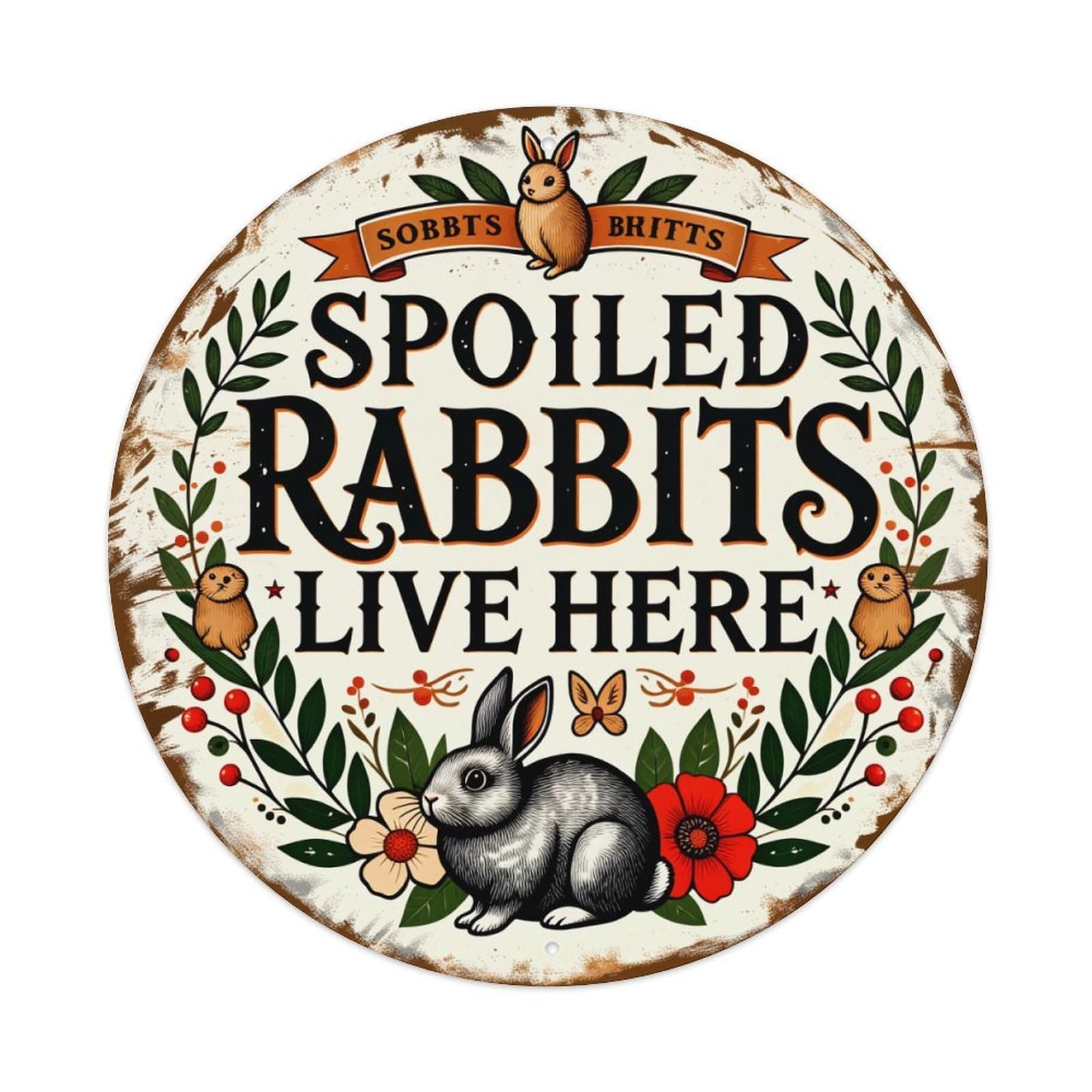 Rabbit Floral Wreath Sign Art Round Tin Sign Retro Metal Sign for Cafe Bar Pub Home Game Room Gym Club Wall Decoration Vintage Metal Poster 8x8 Inch